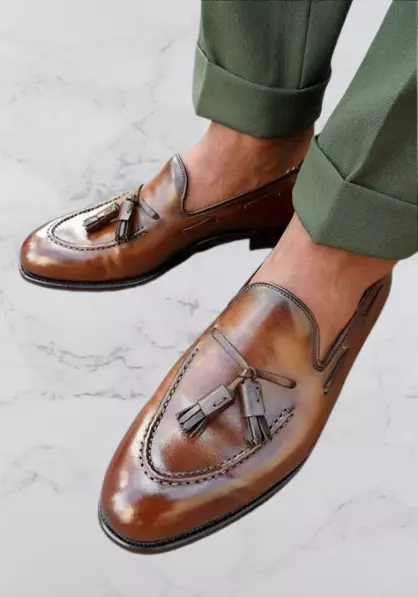 brown loafers with green trouser